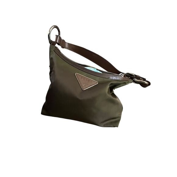 Prada Women khaki Green Brown Leather Trim silver Nylon Hobo Shoulder Bag purse - Picture 2 of 16